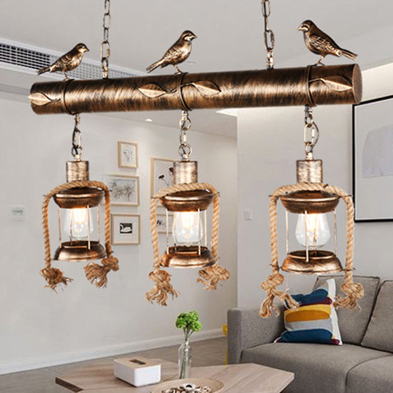 Metal Caged Island Pendant Light Coastal Style 3 Light Kitchen Hanging Lamp in Bronze/Weathered Copper with Bird