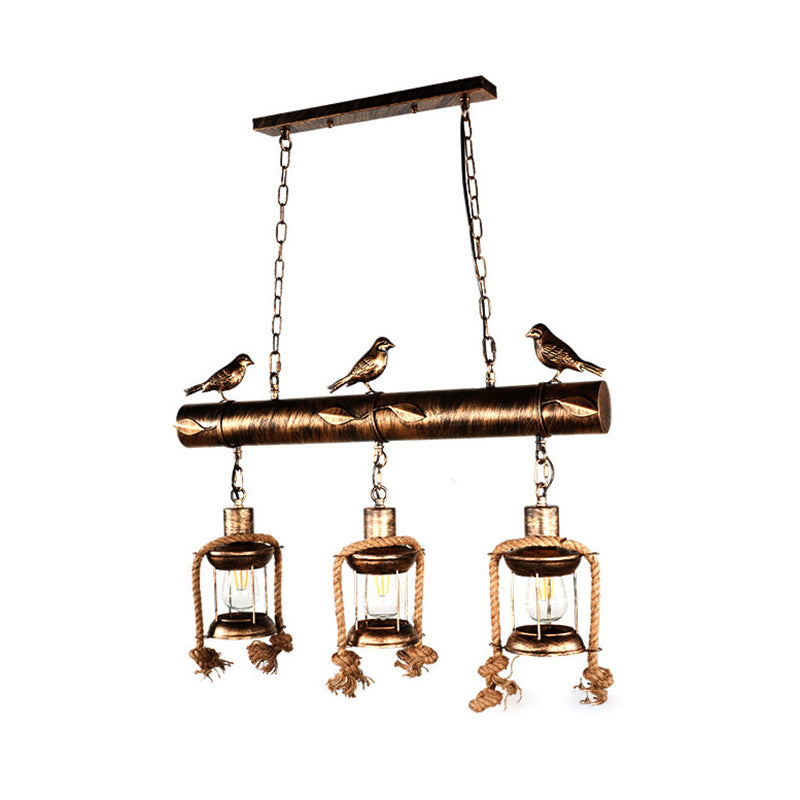 Metal Caged Island Pendant Light Coastal Style 3 Light Kitchen Hanging Lamp in Bronze/Weathered Copper with Bird