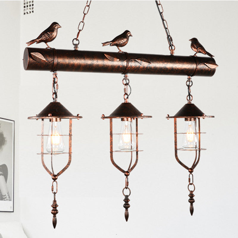 Metal Caged Island Pendant Light Coastal Style 3 Light Kitchen Hanging Lamp in Bronze/Weathered Copper with Bird