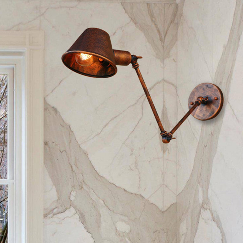 1 Bulb Wall Lighting Vintage Industrial Tapered Shade Metal Wall Sconce Lamp in Black/Rust for Study Room