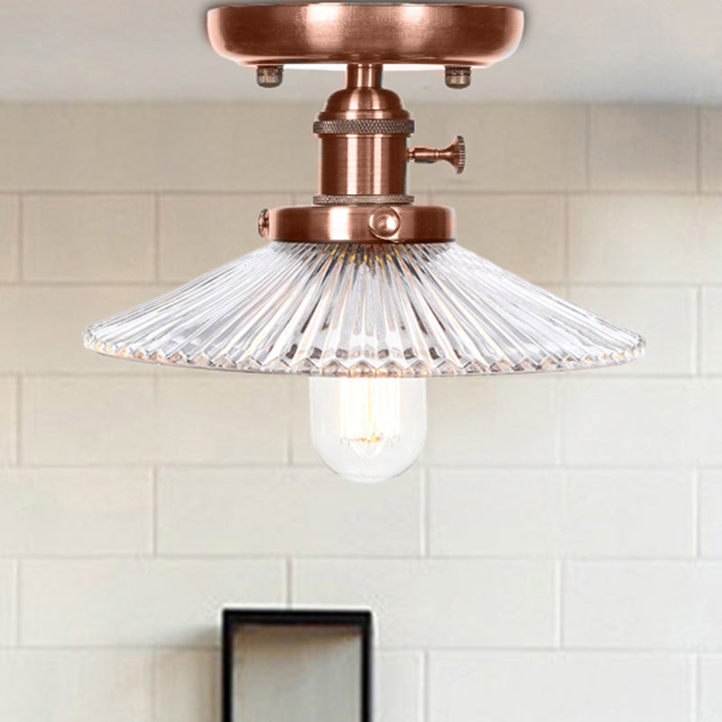 1 Light Opal/Clear Glass Semi Mount Lighting Industrial Antique Copper Cone/Saucer Indoor Ceiling Light