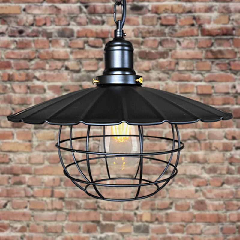 Black 1 Light Light Lighting Lampada sospesa in metallo industriale per interno con gabbia