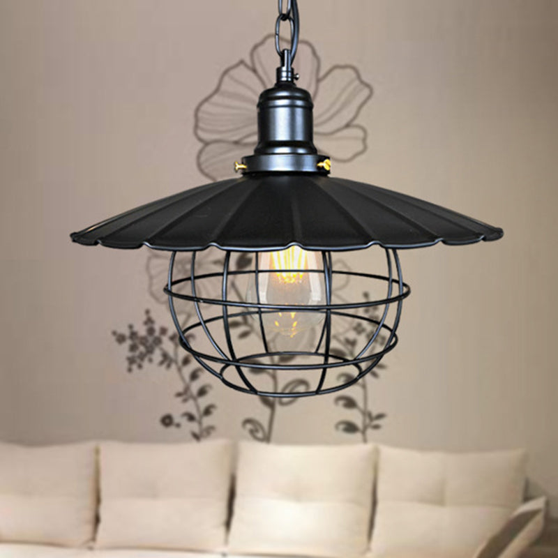 Black 1 Light Light Lighting Lampada sospesa in metallo industriale per interno con gabbia