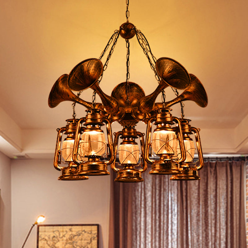 Lantaarn schaduw plafondlamp 3/5 lamp helder glas kust eetkamer kroonluchter hanglamp in antiek messing