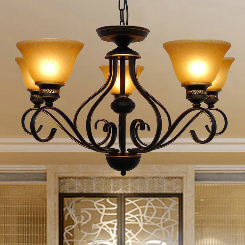 5 lumières en verre givré beige suspension de lustre suspendu traditionnel noir de cloche noire