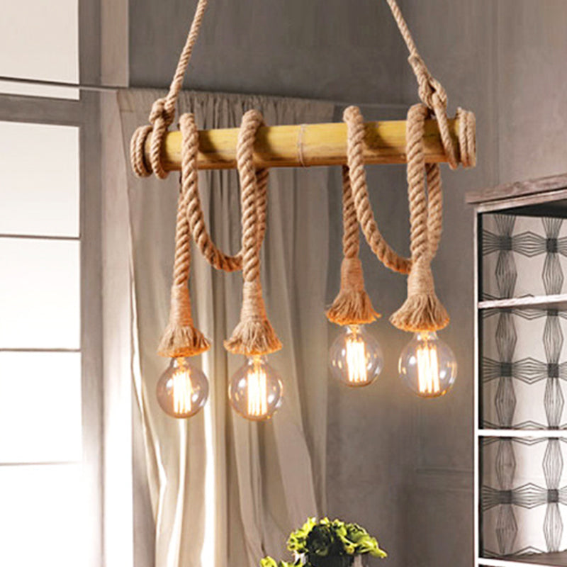 Exposed Bulb Kitchen Pendant Light Fixture Vintage Rope 4/6 Light Beige Hanging Lamp Kit