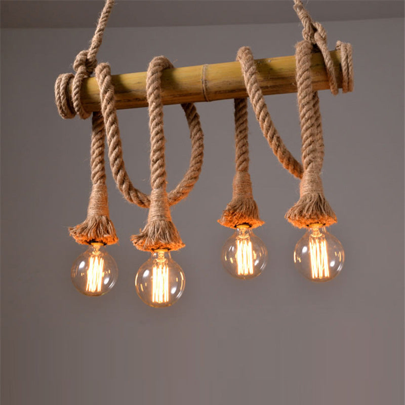 Exposed Bulb Kitchen Pendant Light Fixture Vintage Rope 4/6 Light Beige Hanging Lamp Kit