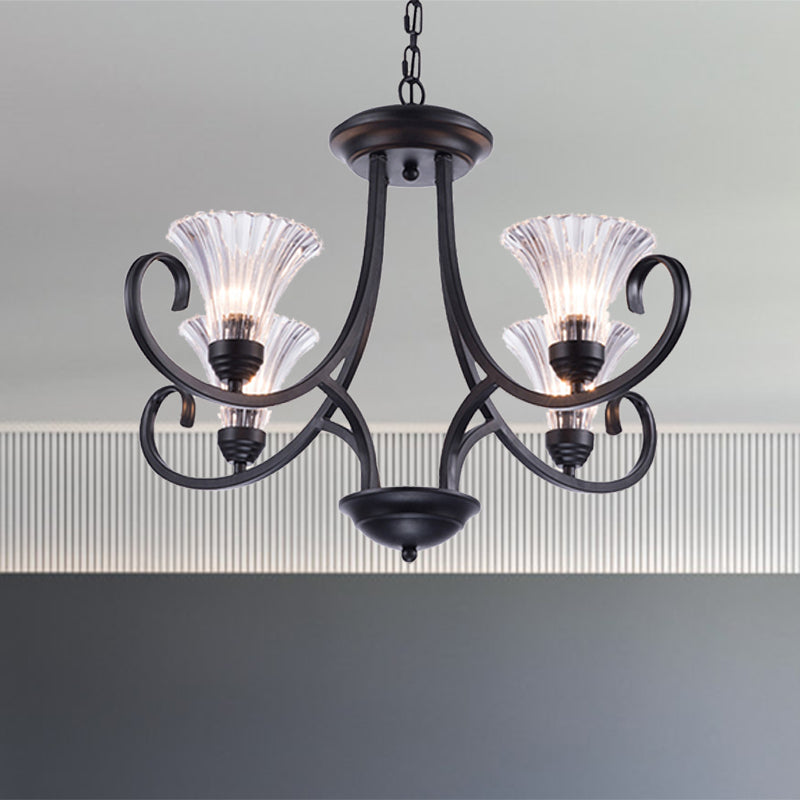Bell Living Room Ceiling Chandelier Traditional Clear Ribbed Glass 4/6/8 Lights Black Hanging Fixture