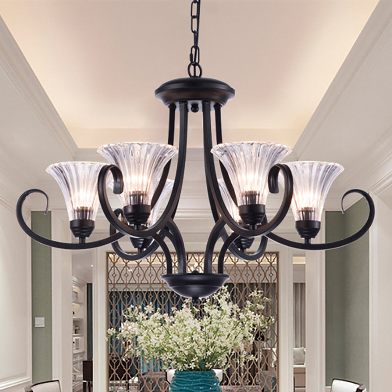 Bell Living Room Ceiling Chandelier Traditional Clear Ribbed Glass 4/6/8 Lights Black Hanging Fixture