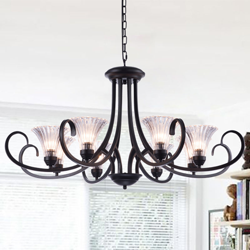 Bell Living Room Ceiling Chandelier Traditional Clear Ribbed Glass 4/6/8 Lights Black Hanging Fixture