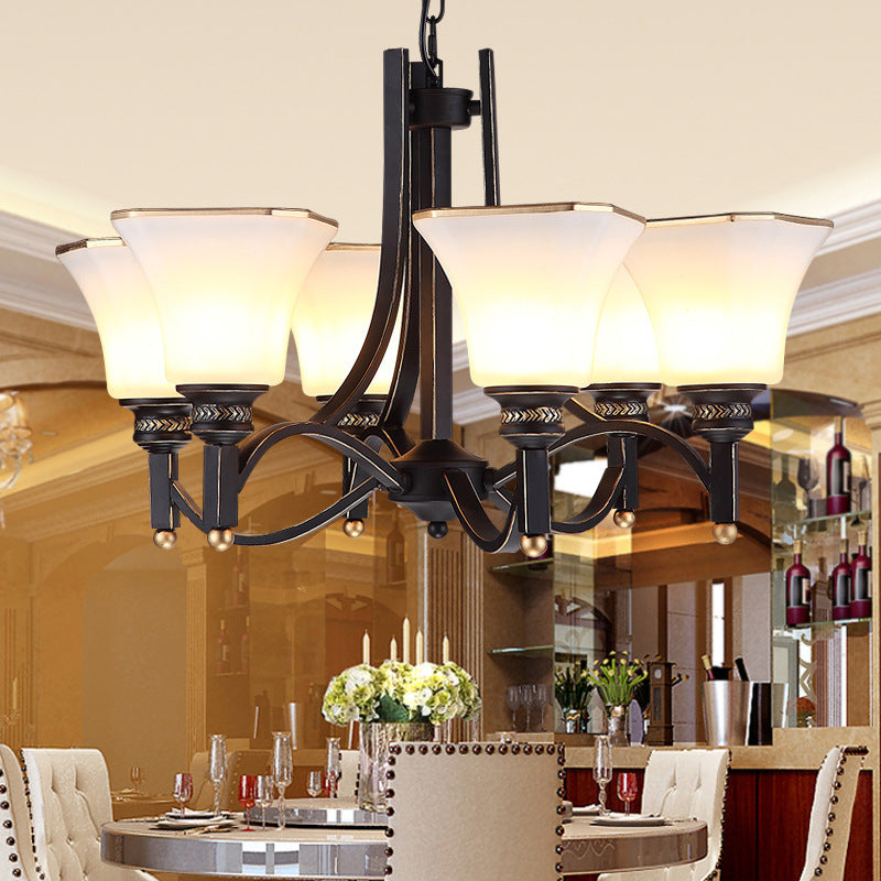 White Glass Bell Hanging Chandelier Traditional 3/6 Lights Living Room Pendant Light in Black