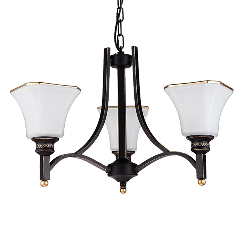 White Glass Bell Hanging Chandelier Traditional 3/6 Lights Living Room Pendant Light in Black