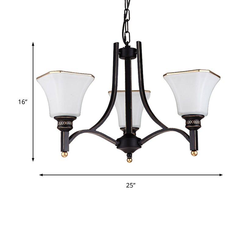 White Glass Bell Hanging Chandelier Traditional 3/6 Lights Living Room Pendant Light in Black