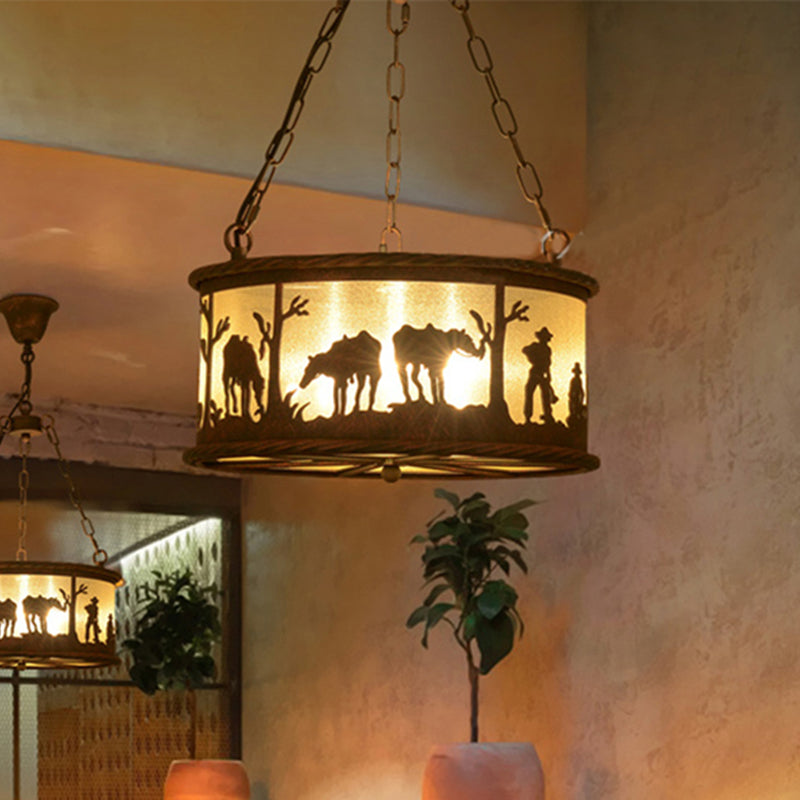 3 Bulb Ceiling Lamp Drum Shade Metal and Fabric Vintage Dining Room Chandelier Pendant Light in Rust with Animal Pattern