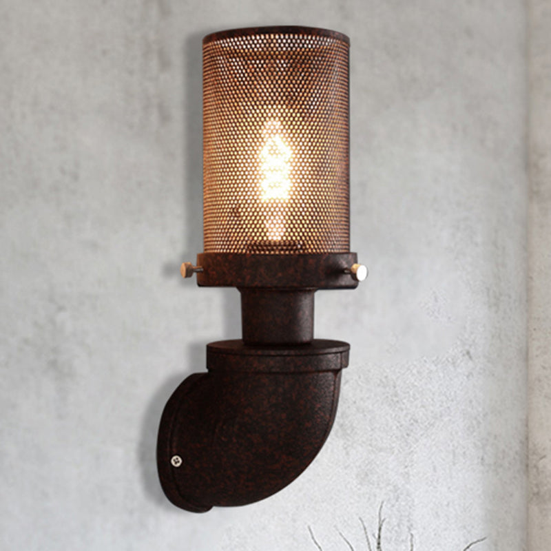 1 Light Metal Wall Lamp Industrial Rust Caged Cylinder Dining Room Sconce Light Fixture