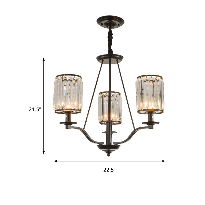 Cylinder Clear Ribbed Glass Chandelier Light Traditional 3/6 Lights Living Room Pendant Lighting in Black with Sputnik Design