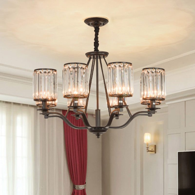 Cylinder Clear Ribbed Glass Chandelier Light Traditional 3/6 Lights Living Room Pendant Lighting in Black with Sputnik Design