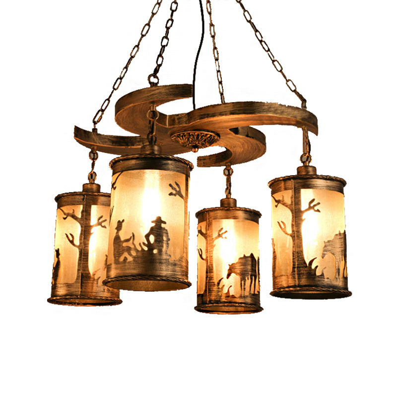 Bronze Cylinder Chandelier Lamp Vintage Metal 4-Light Dining Room Hanging Light with Wooden Shelf and Fabric