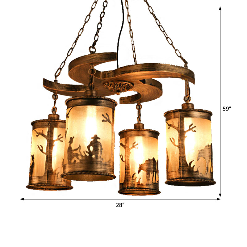 Bronze Cylinder Chandelier Lamp Vintage Metal 4-Light Dining Room Hanging Light with Wooden Shelf and Fabric