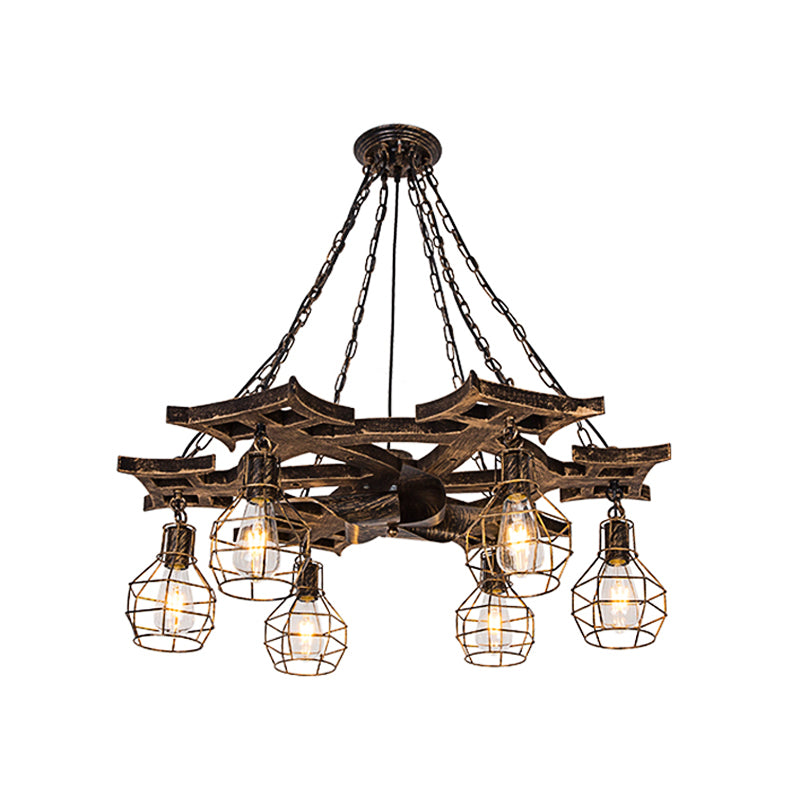 6 Bulbs Globe Chandelier Light Vintage Bronze Metal Hanging Ceiling Fixture with Cage