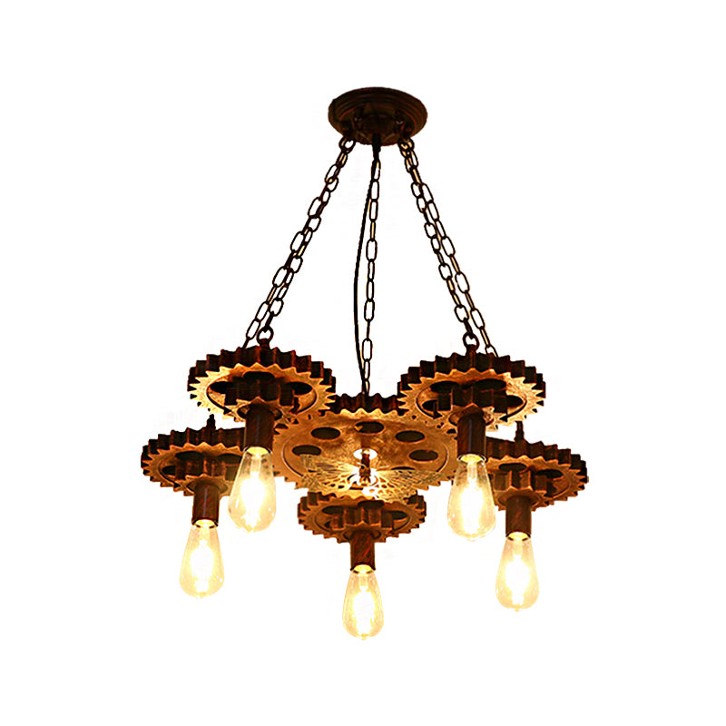 Metal Rust Pendant Lamp Wagon Wheel 5-Light Industrial Chandelier Light Fixture with Chain