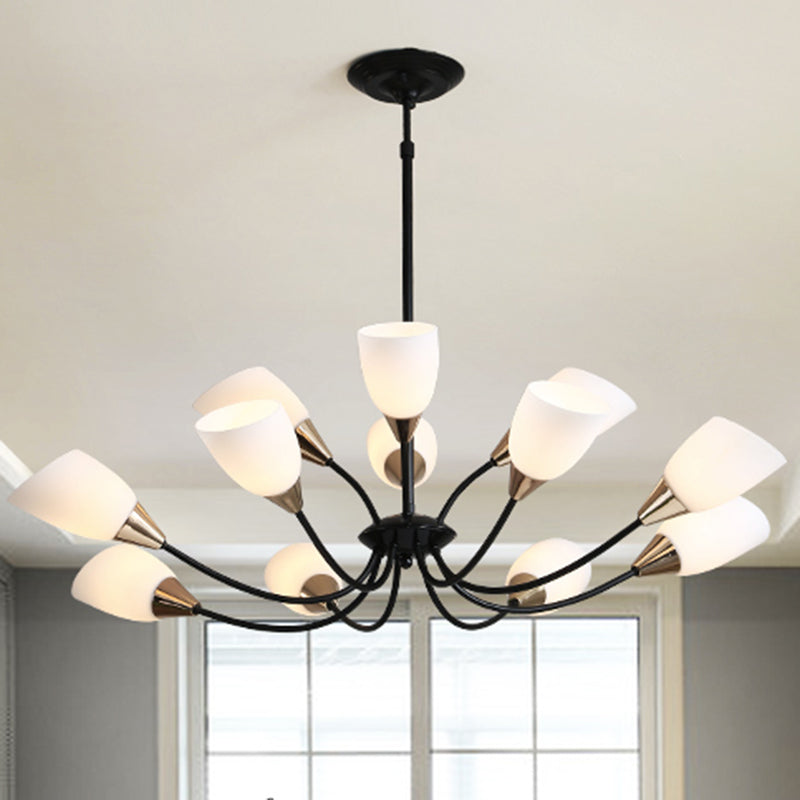 12 Lights Ceiling Light Traditional Oval Frosted Glass Hanging Chandelier in Black for Living Room
