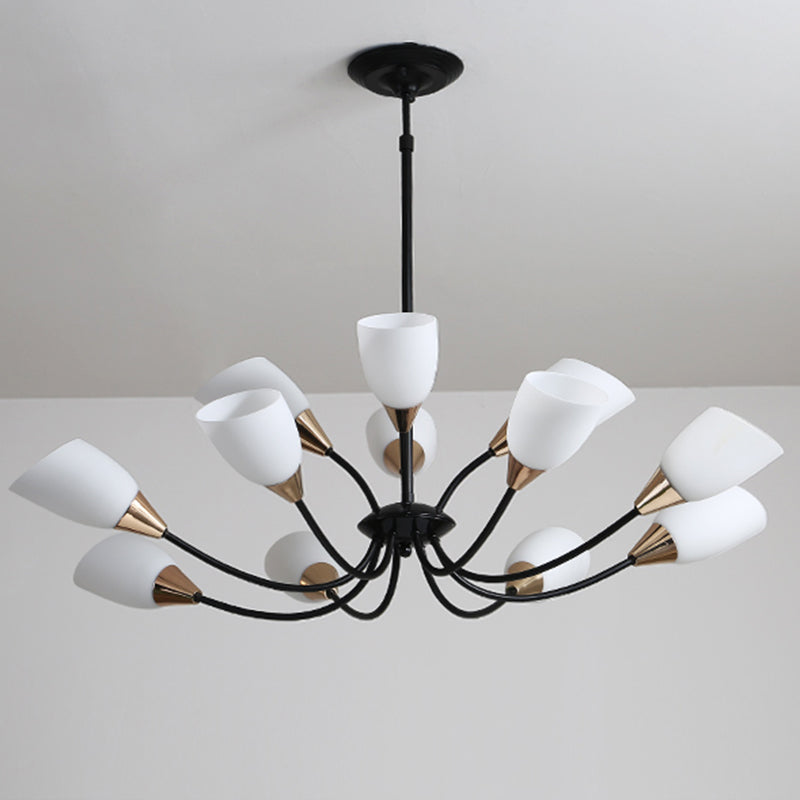 12 lumières Lumière de plafond traditionnel Verre givré ovale Chandelier suspendu en noir pour le salon