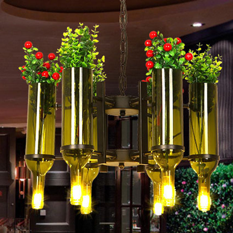 Bouteille de vin en verre vert lustre clair industriel 6-Light Dining Room Pendant Lighting avec fleur