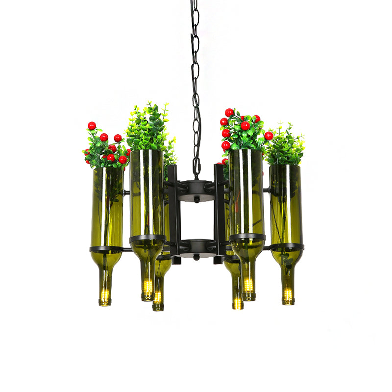 Wine Bottle Green Glass Chandelier Light Industrial 6-Light Dining Room Pendant Lighting with Flower