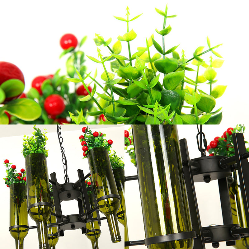 Wine Bottle Green Glass Chandelier Light Industrial 6-Light Dining Room Pendant Lighting with Flower