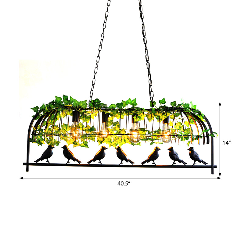 4-Light Caged Island Light Industrial Black Metal Pendant Lighting for Dining Room with Bird