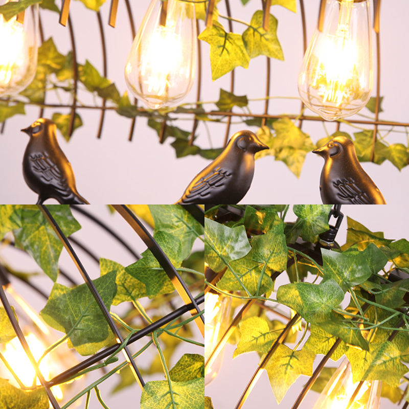 4-Light Caged Island Light Industrial Black Metal Pendant Lighting for Dining Room with Bird