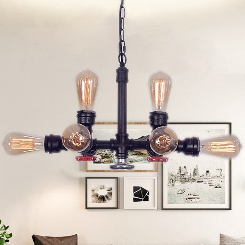 Pipe d'eau noire lampe de lustre en métal industriel 8-Light Room suspendu avec soupape