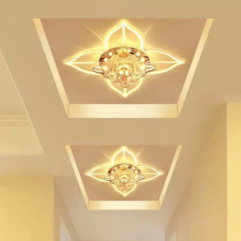 Contemporary Floral Flush Ceiling Light Crystal Corridor LED Flush Mount Lighting Fixture in Clear