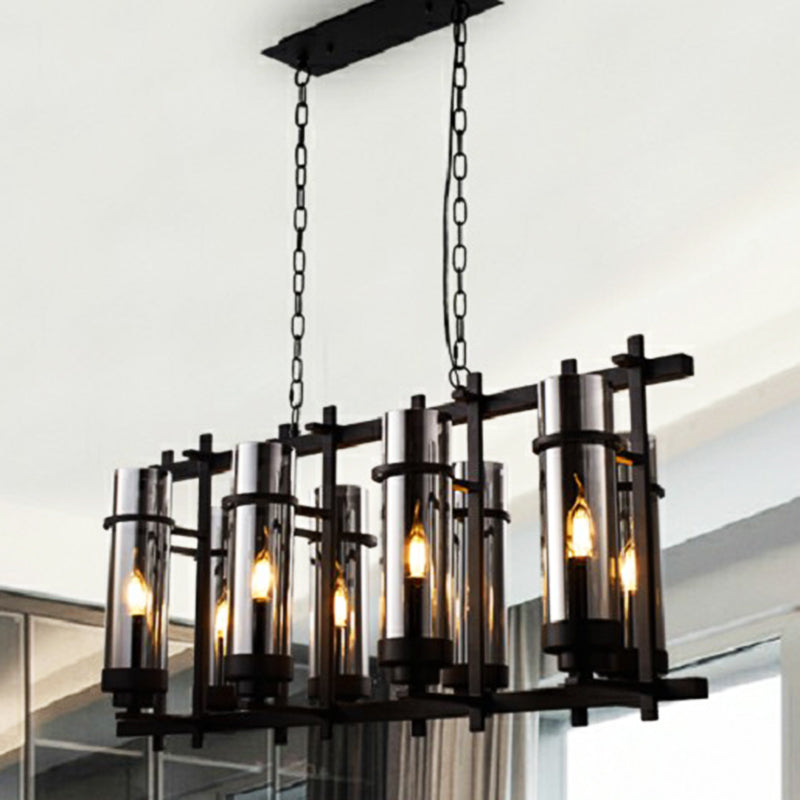 Cylindre de pendentif noir en verre fumé à 8 luminaires de lustre industriel à la lumière