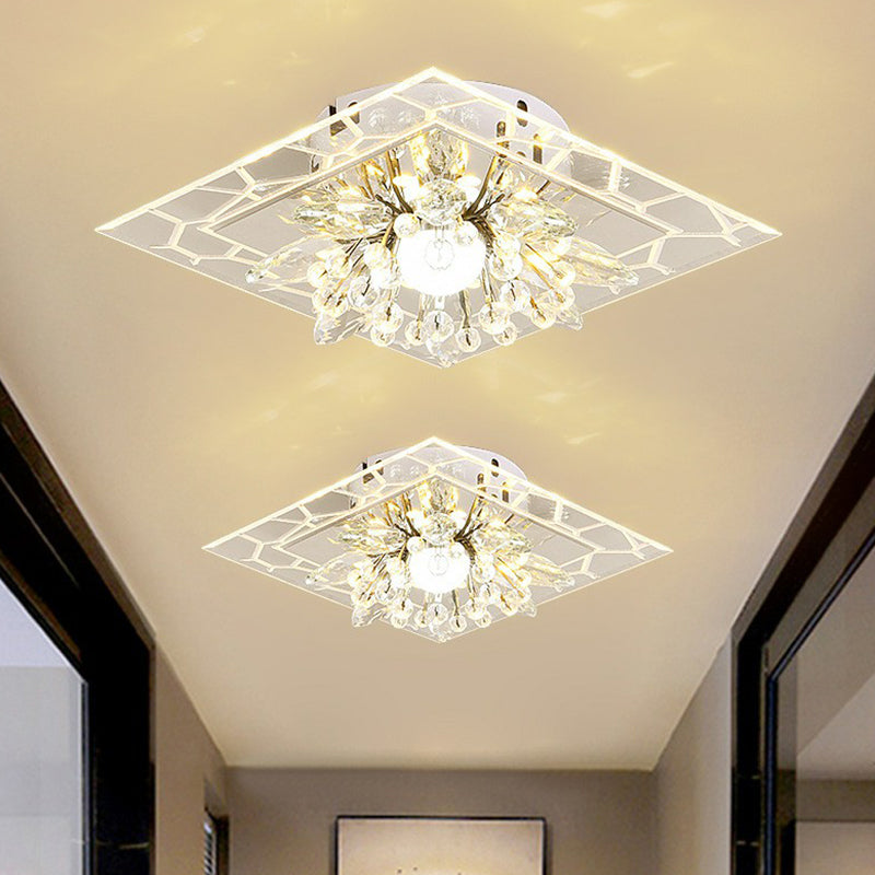 Modern Style Square Flush Light Crystal Hallway LED Flush Ceiling Light Fixture in Clear