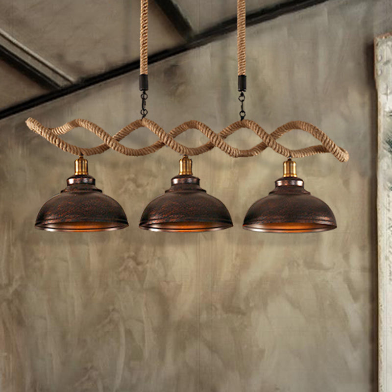 Dome Kitchen Island Pendant Light Industrial Metal and Rope 3 Lights Rust Hanging Lamp Kit