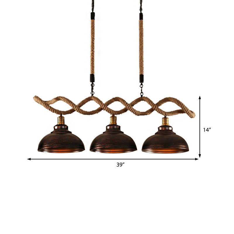 Dome Kitchen Island Pendant Light Industrial Metal and Rope 3 Lights Rust Hanging Lamp Kit