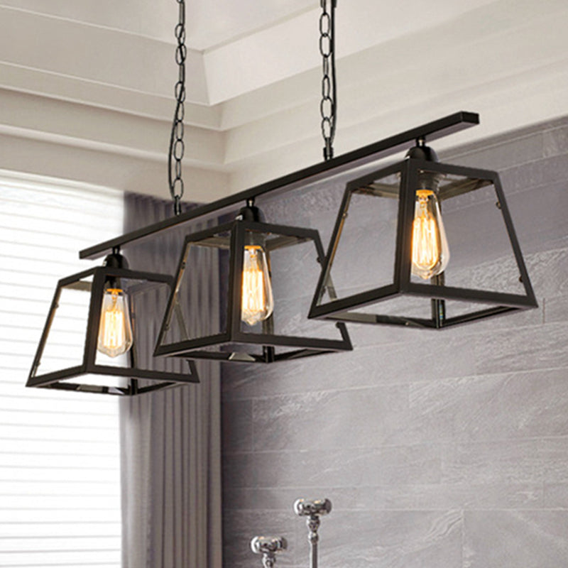 Black 3-Light Island Light Fixture Industrial Clear Glass Trapezoid Pendant Lighting with Chain