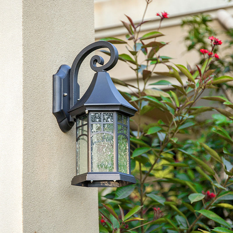 Seedy Glass Pavilion Shaped Wall Light Classic 1 Head Courtyard Wall Lighting Fixture in Black