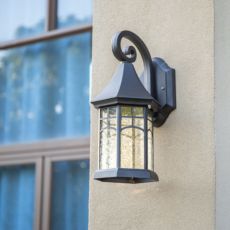 Seedy Glass Pavilion Shaped Wall Light Classic 1 Head Courtyard Wall Lighting Fixture in Black