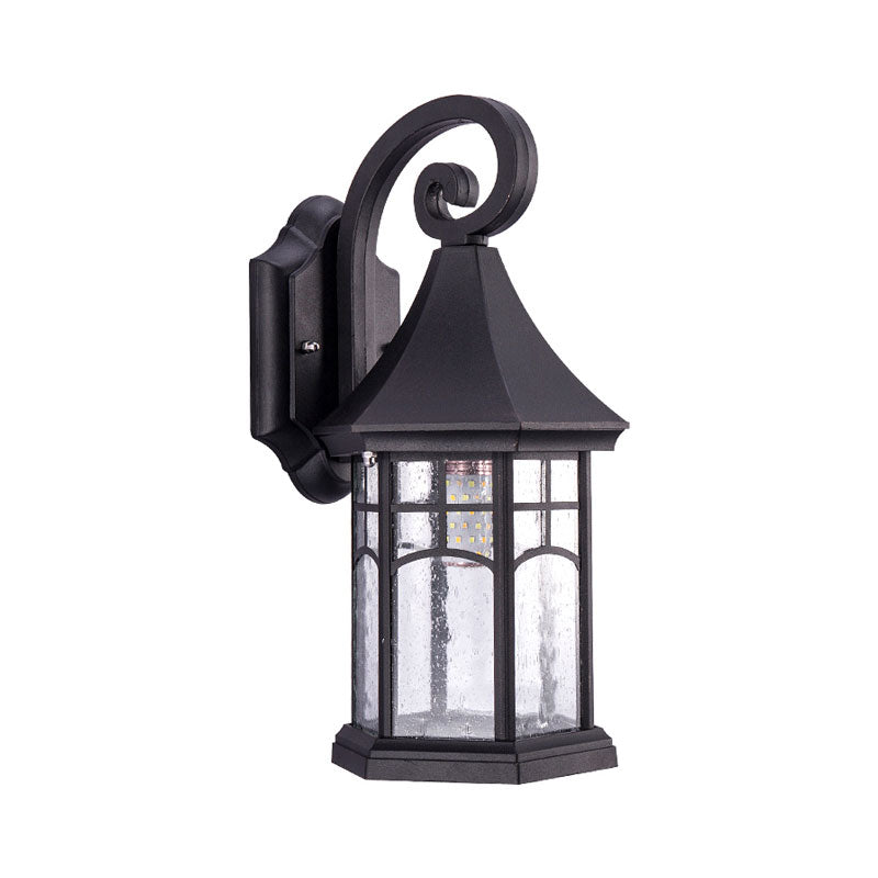 Seedy Glass Pavilion Shaped Wall Light Classic 1 Head Courtyard Wall Lighting Fixture in Black