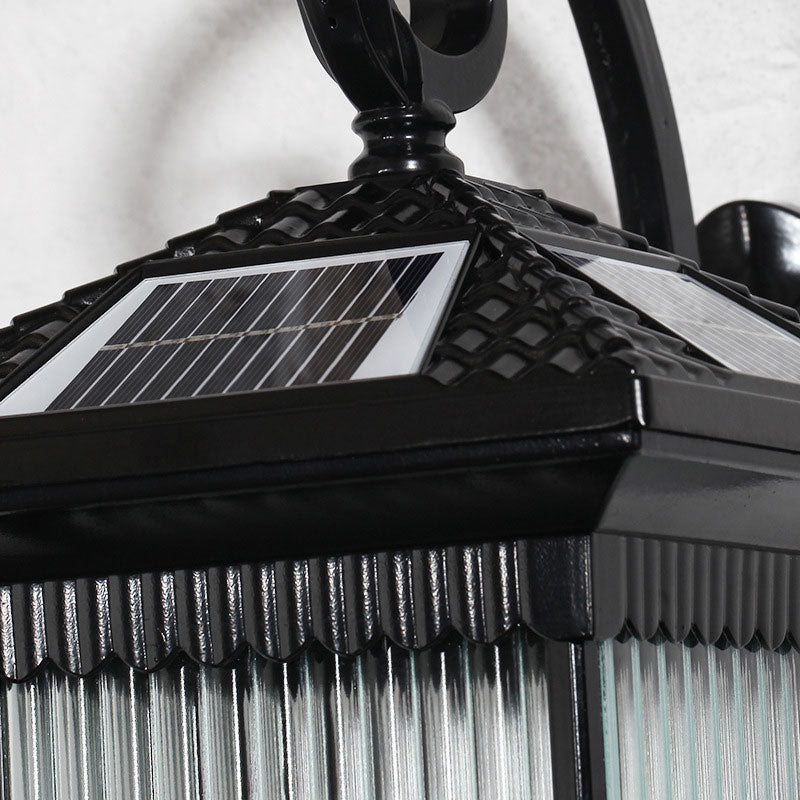 Ribbed Glass Squared Solar Wall Mount Light Retro Outdoor LED Wall Lighting in Black