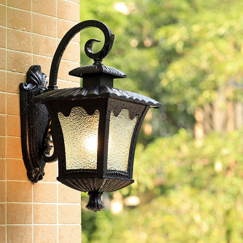 1 Head Wall Light Fixture Vintage Lantern Shaped Seedy Glass Wall Mounted Lamp in Black for Yard