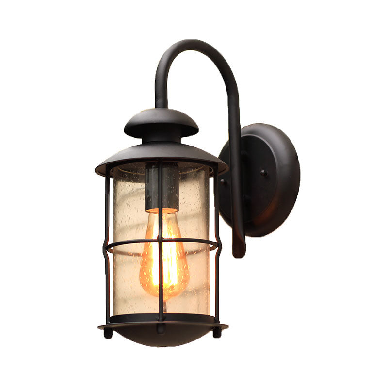 Cylinder Shaped Clear Glass Wall Mount Light Retro 1-Light Outdoor Wall Lighting in Black