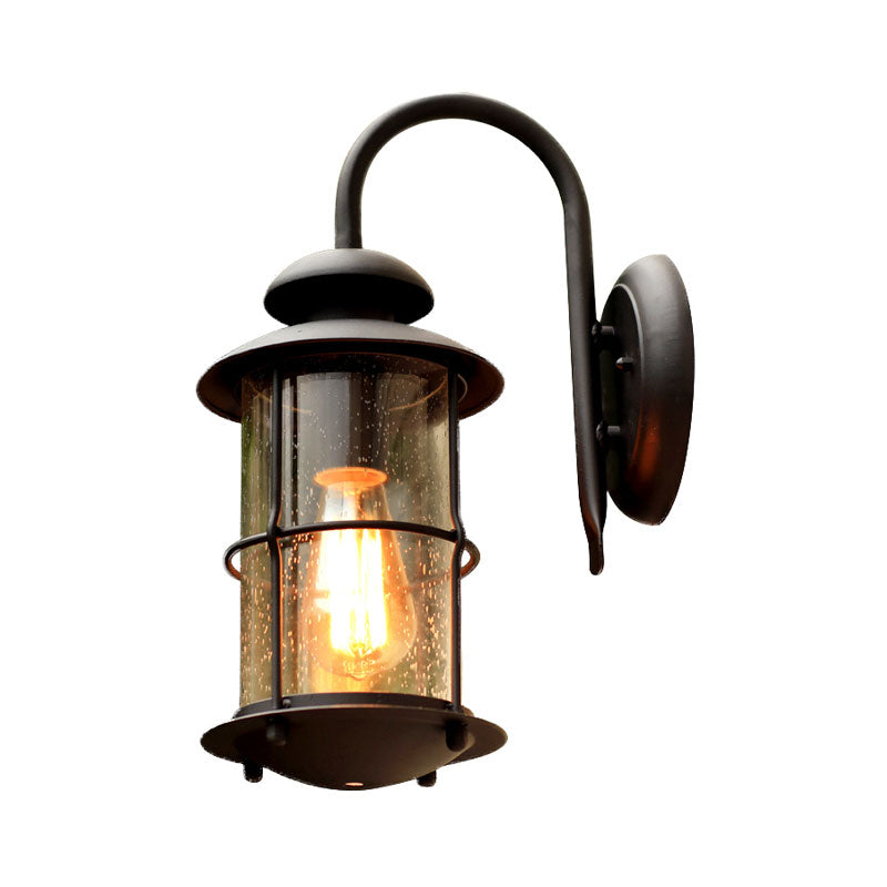 Cylinder Shaped Clear Glass Wall Mount Light Retro 1-Light Outdoor Wall Lighting in Black