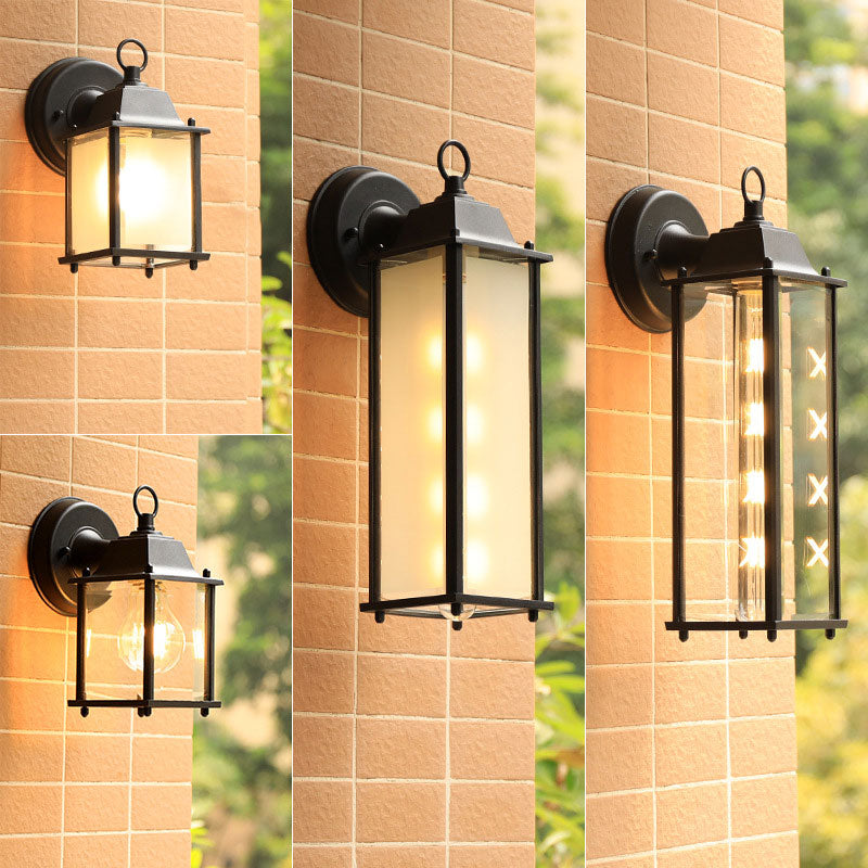Glass Rectangle Shade Wall Sconce Rustic 1 Bulb Courtyard Wall Light Fixture in Black