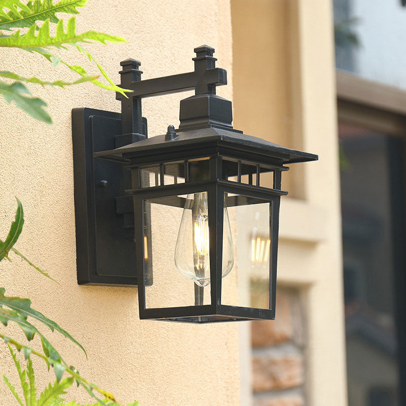 Single-Bulb Wall Lighting Vintage House Aluminium Wall Sconce Lamp with Clear Glass Shade in Textured Black