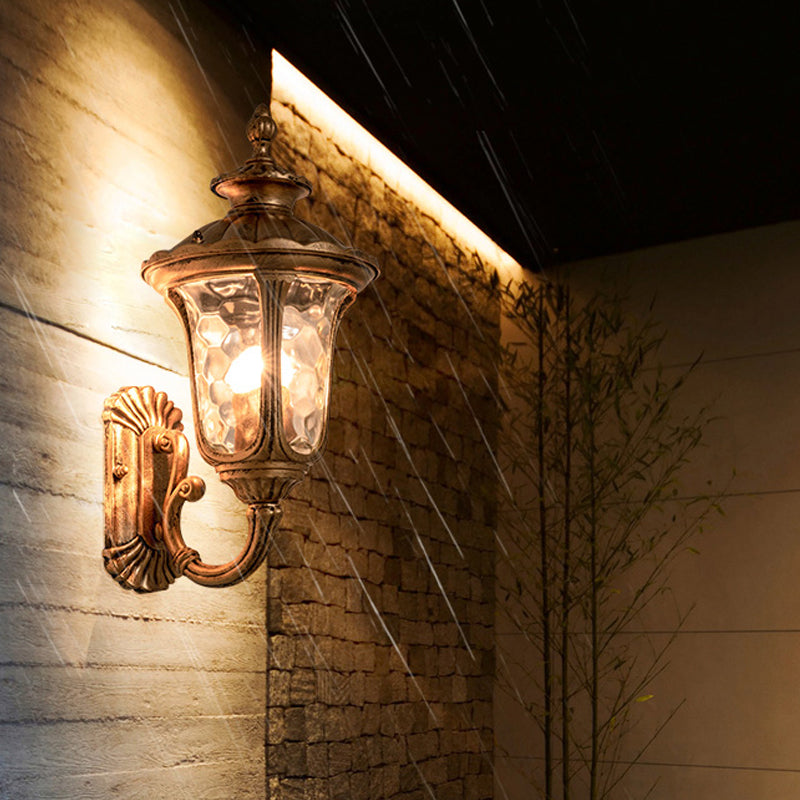 Luz de montaje de pared de campana de bronce, vidrio de ondulación tradicional de 1 luz, iluminación de pared al aire libre