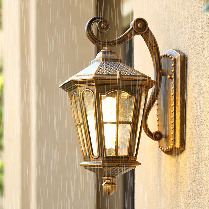 Vintage Lantern Shaped Wall Light Fixture Single-Bulb Ripple Glass Wall Mounted Lamp for Yard